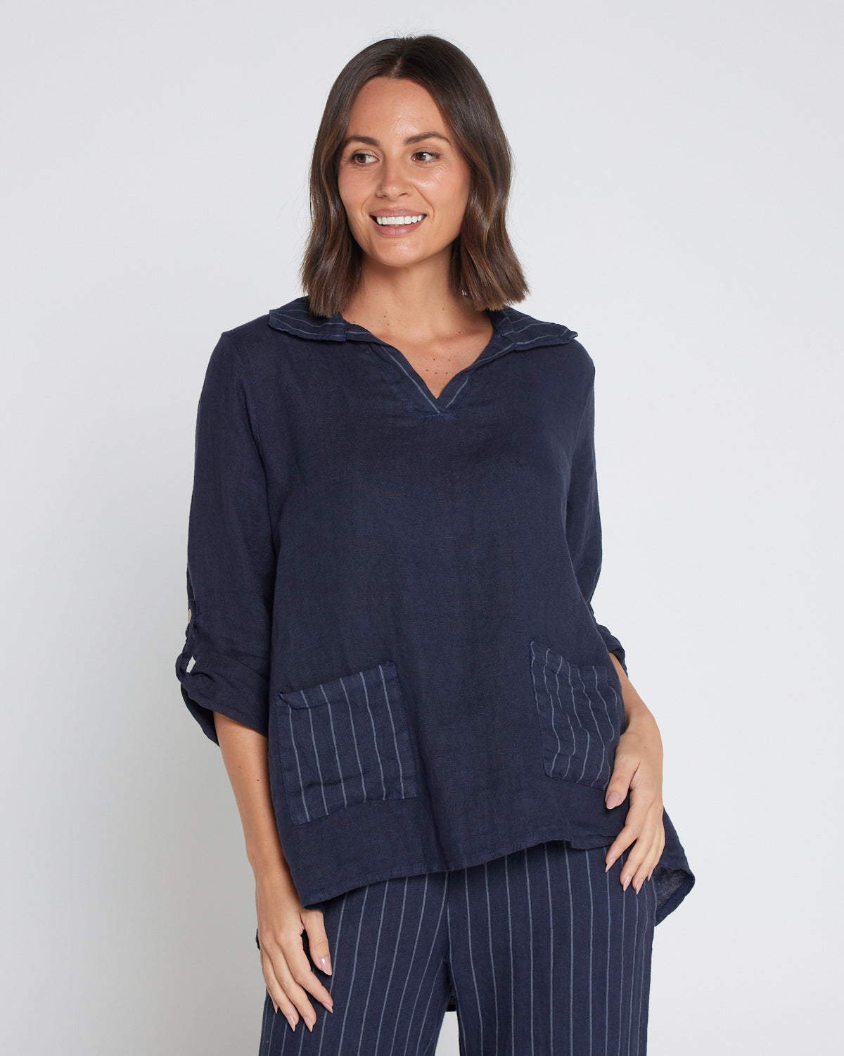 Nina Linen Top - Navy
