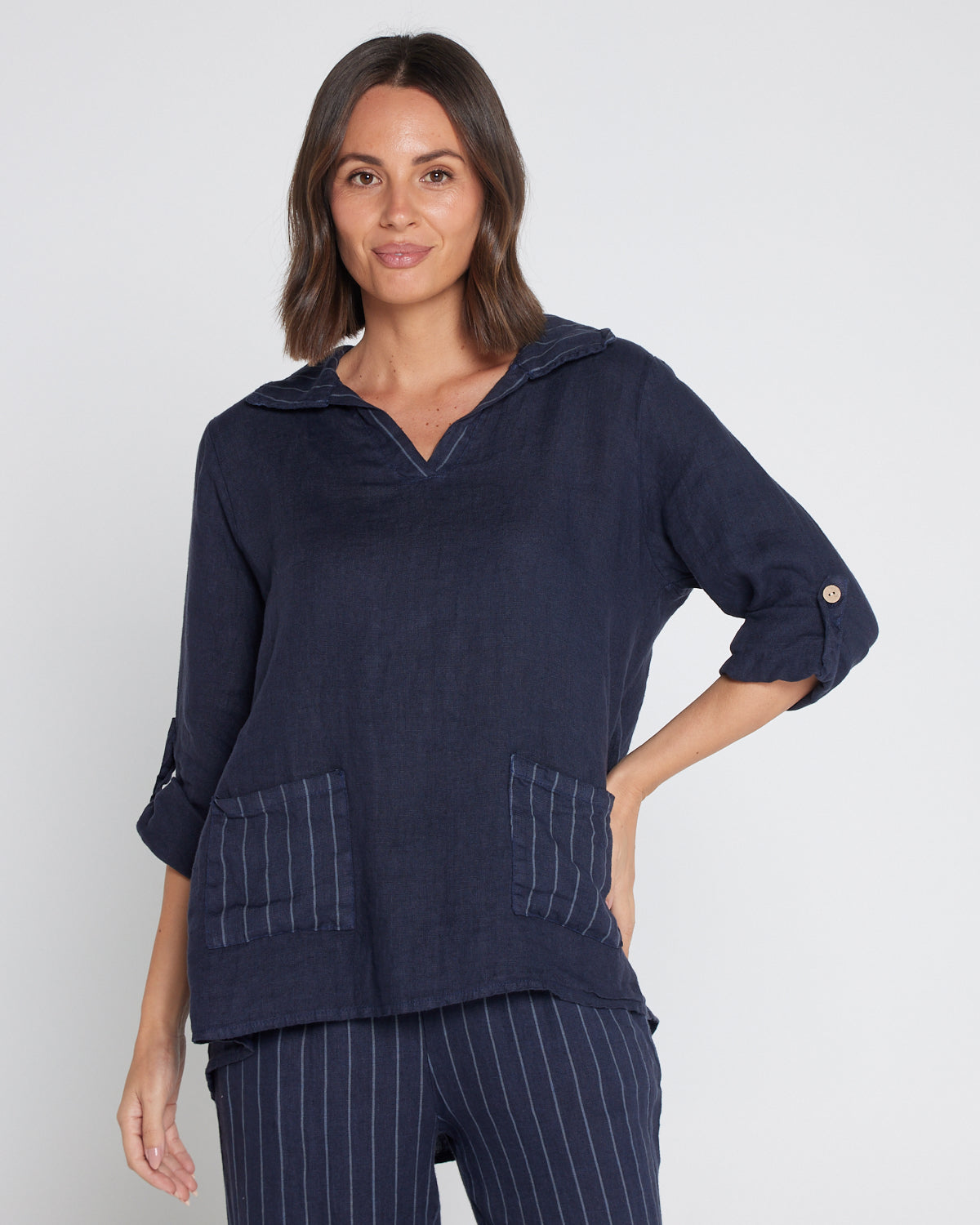 Nina Linen Top - Navy