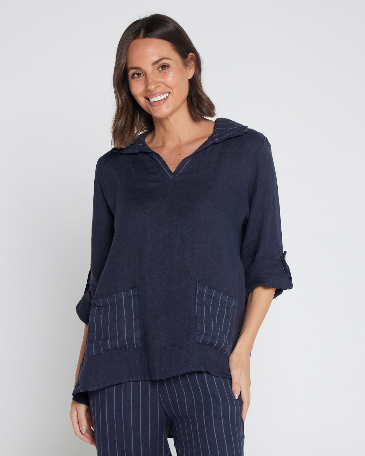 Nina Linen Top - Navy