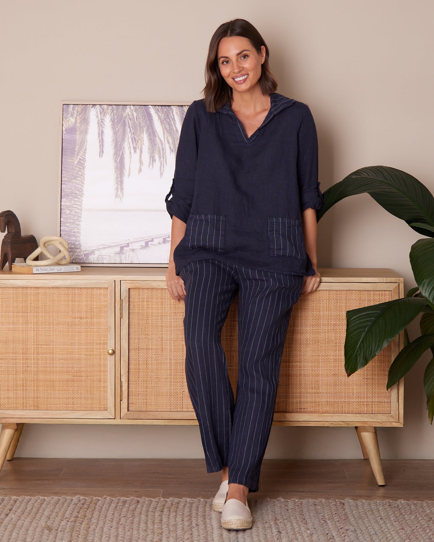Zeta Linen Pants - Navy Pinstripe
