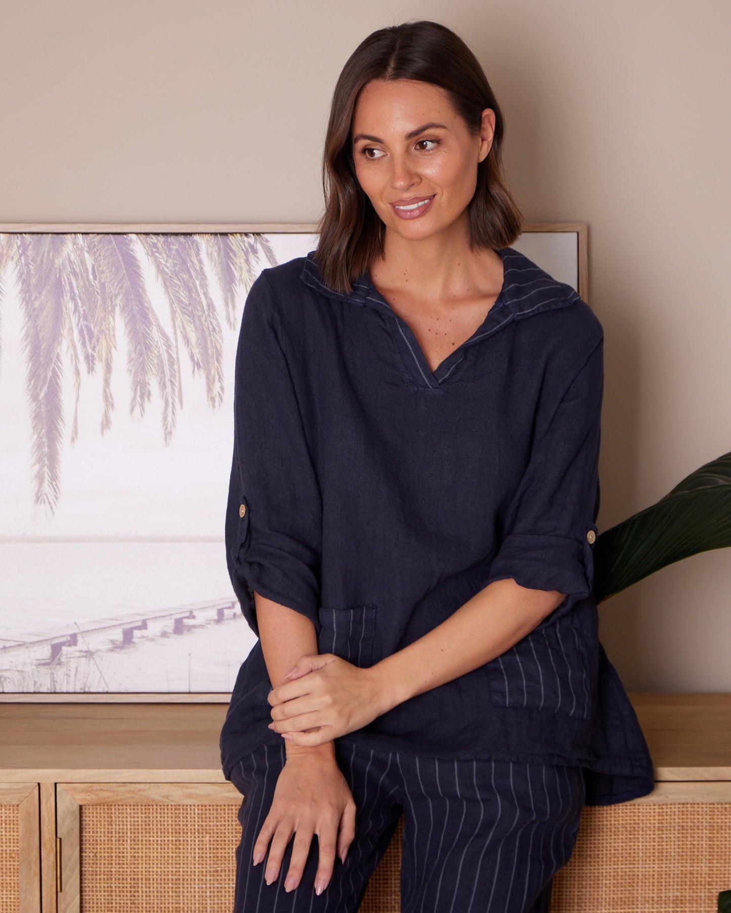 Nina Linen Top - Navy