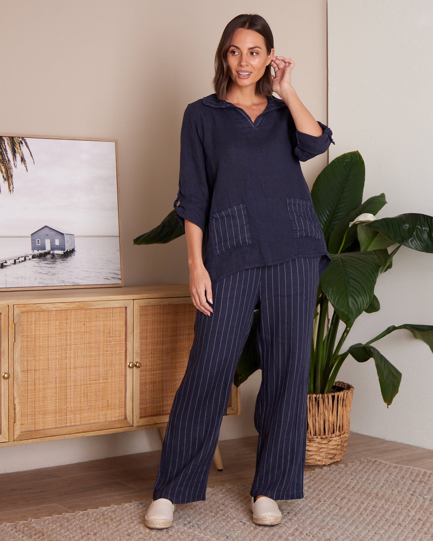 Zeta Linen Pants - Navy Pinstripe