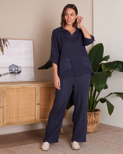 Zeta Linen Pants - Navy Pinstripe