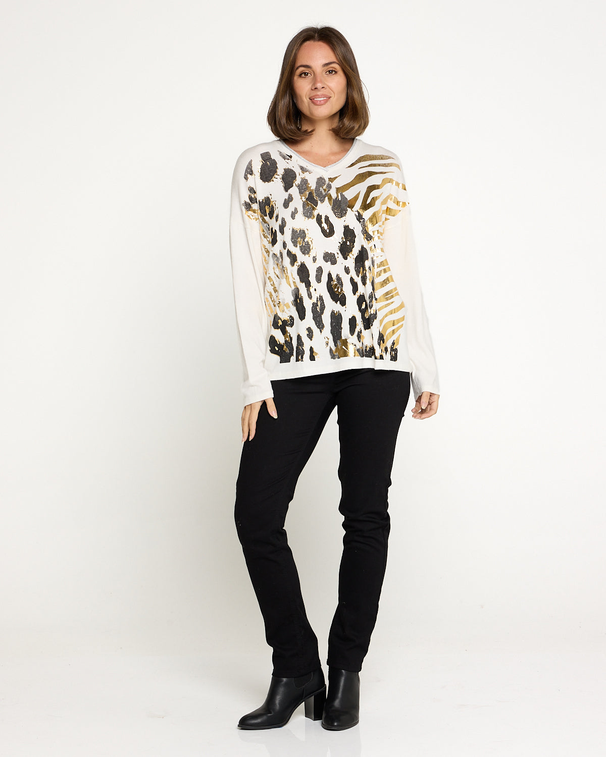 Trisha Foil Knit Top - White/Gold Leopard