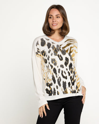 Trisha Foil Knit Top - White/Gold Leopard
