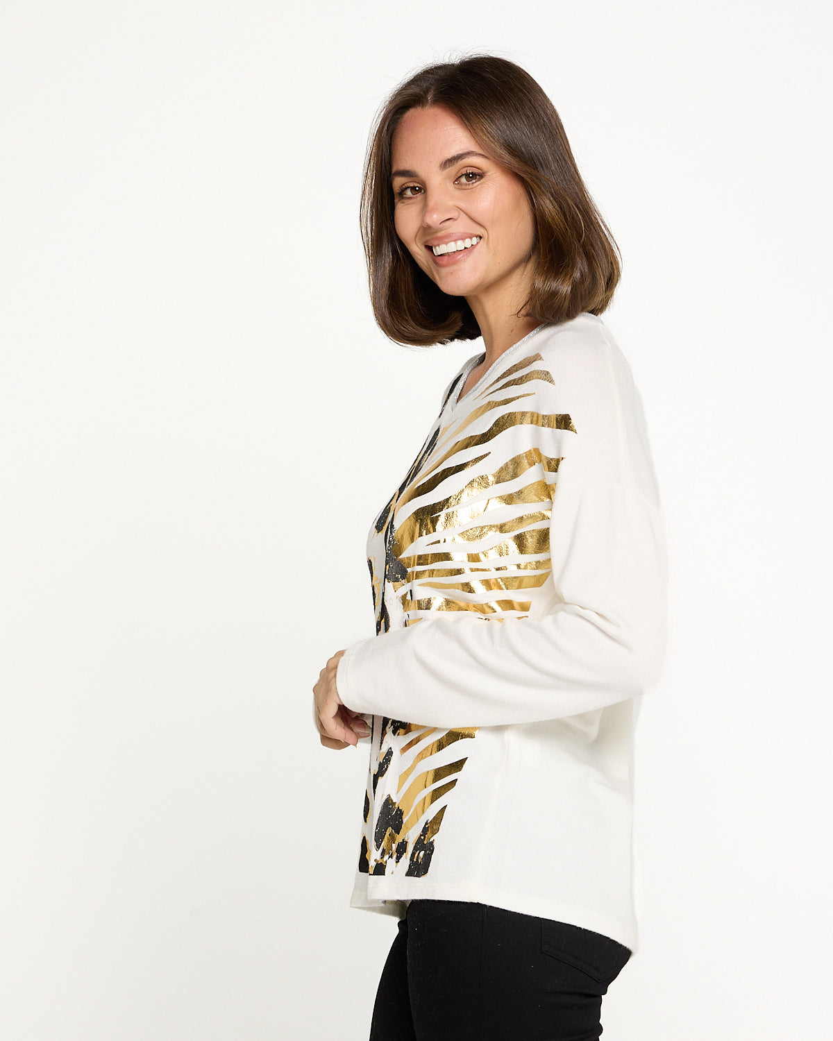 Trisha Foil Knit Top - White/Gold Leopard
