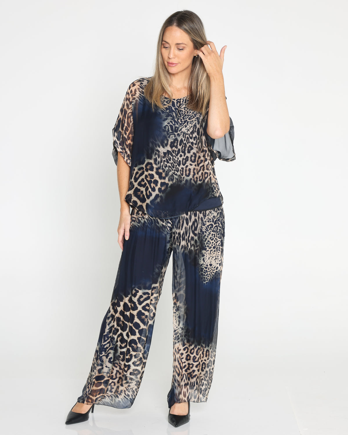 Arden Silk Top - Navy Leopard
