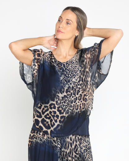 Arden Silk Top - Navy Leopard