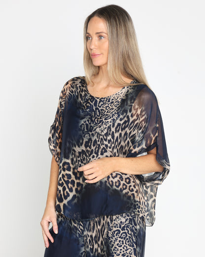 Arden Silk Top - Navy Leopard