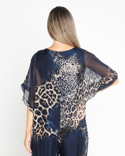 Arden Silk Top - Navy Leopard