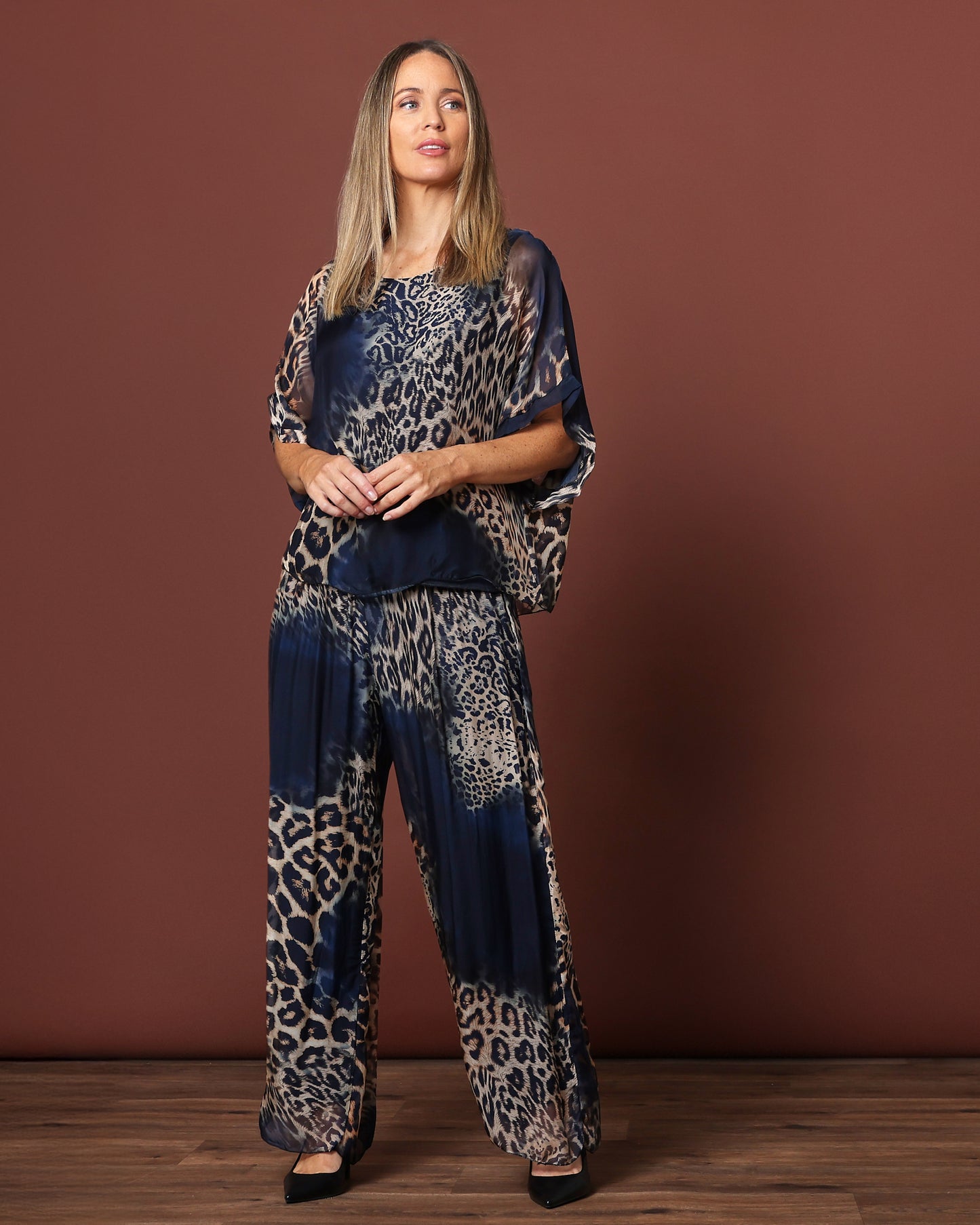 Arlette Silk Pants  - Navy Leopard