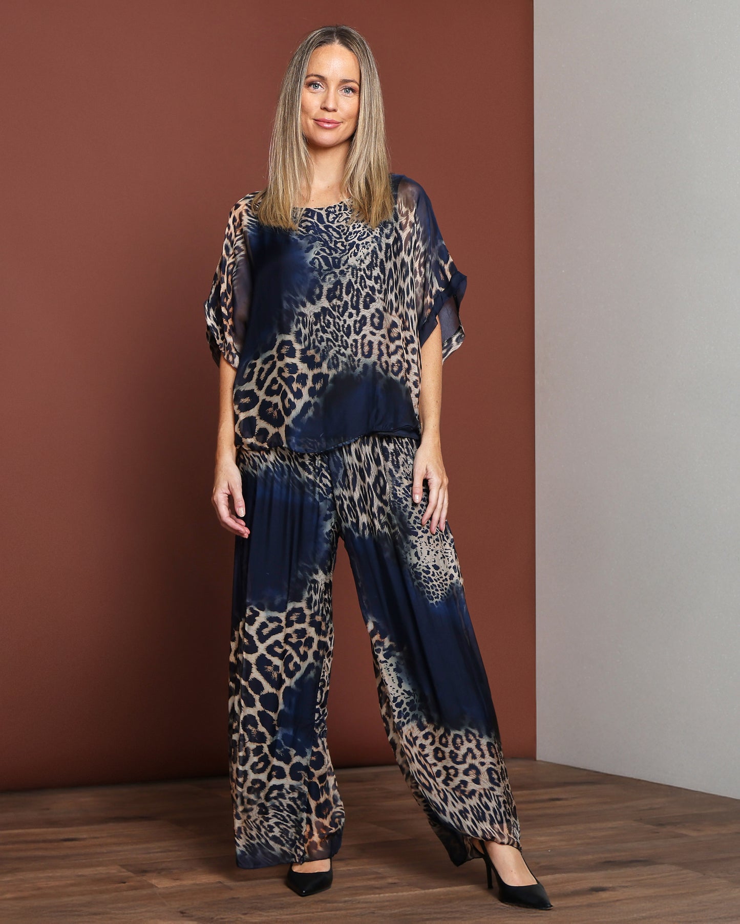 Arden Silk Top - Navy Leopard