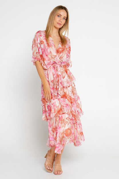 Estelle Chiffon Dress - Pink Tropical Floral