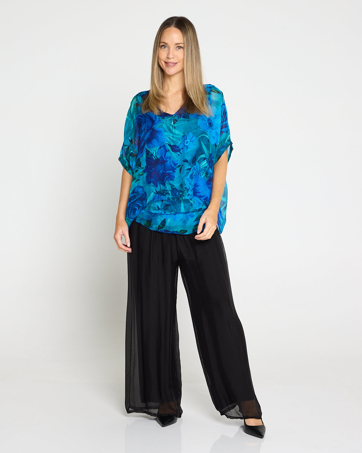 Lisette Silk V Neck Top - Ocean Bloom