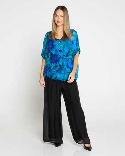 Lisette Silk V Neck Top - Ocean Bloom
