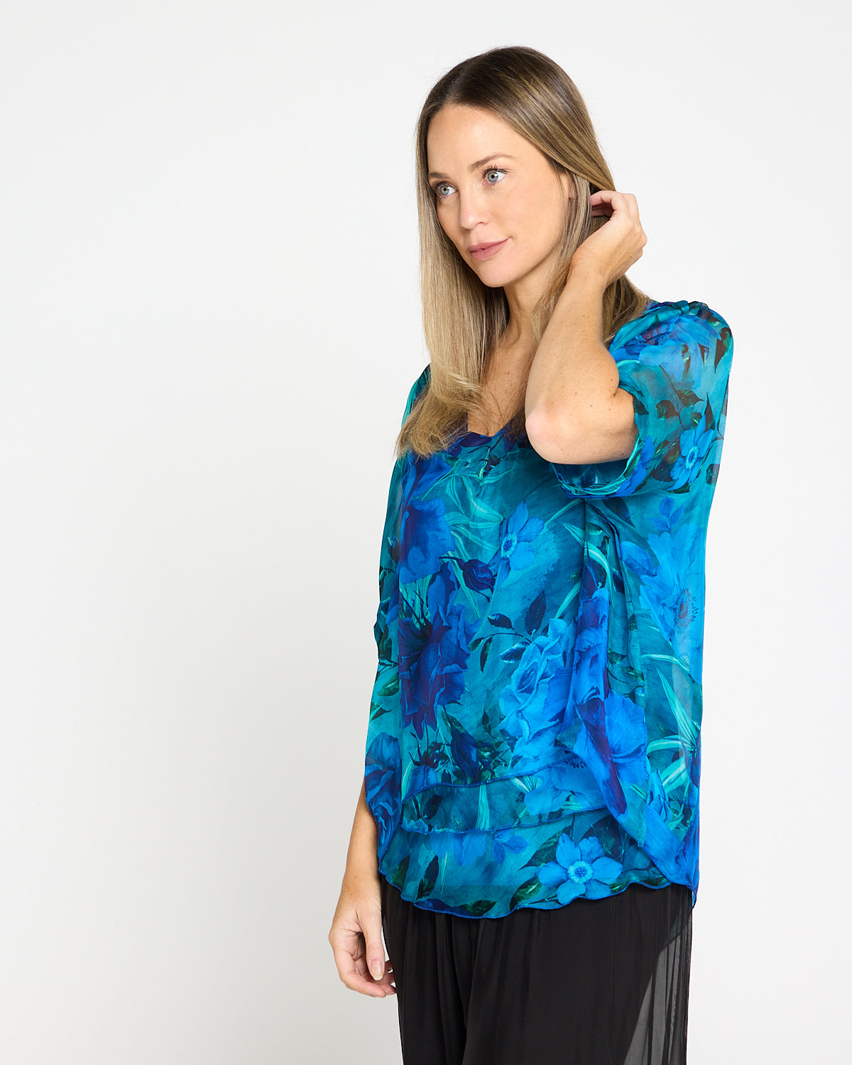 Lisette Silk V Neck Top - Ocean Bloom