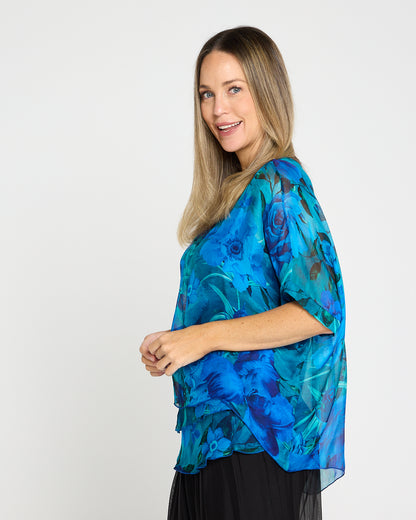 Lisette Silk V Neck Top - Ocean Bloom