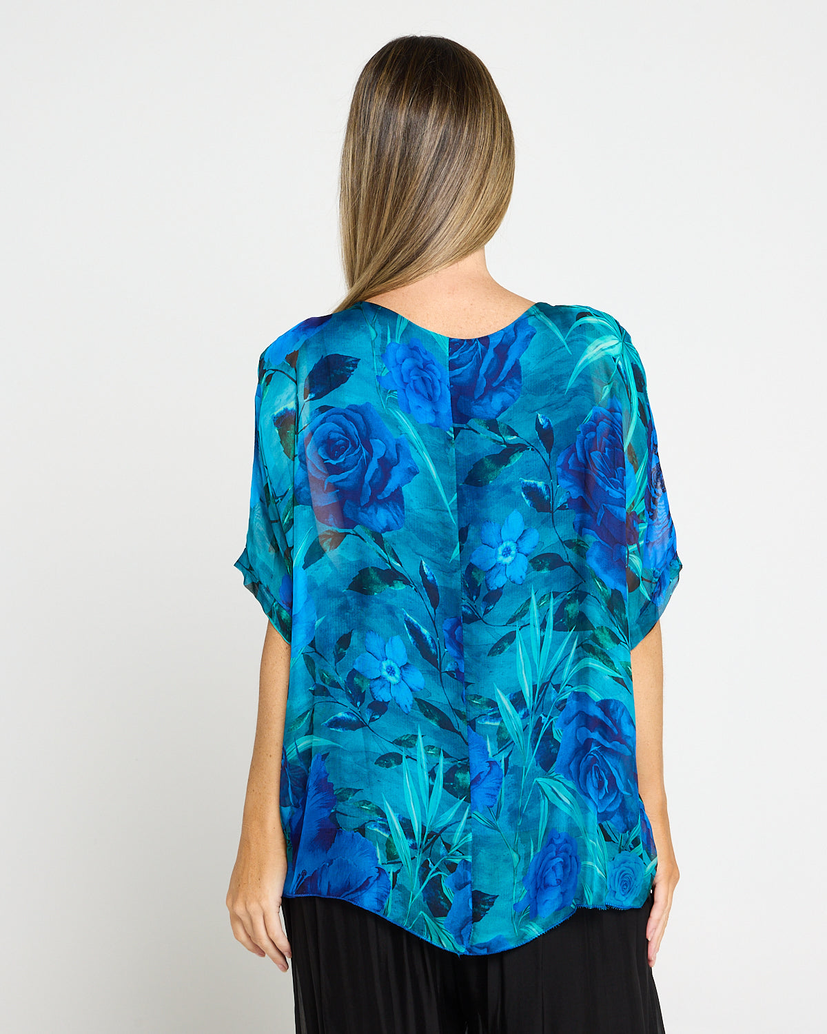 Lisette Silk V Neck Top - Ocean Bloom