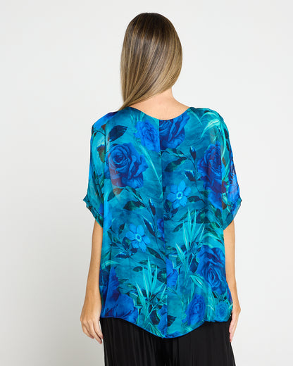 Lisette Silk V Neck Top - Ocean Bloom