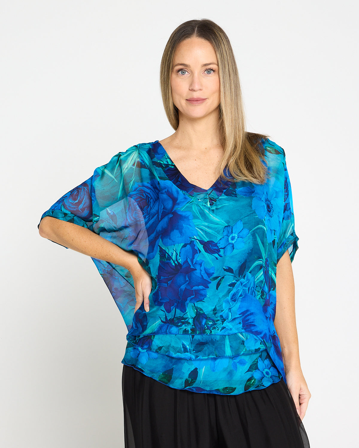 Lisette Silk V Neck Top - Ocean Bloom