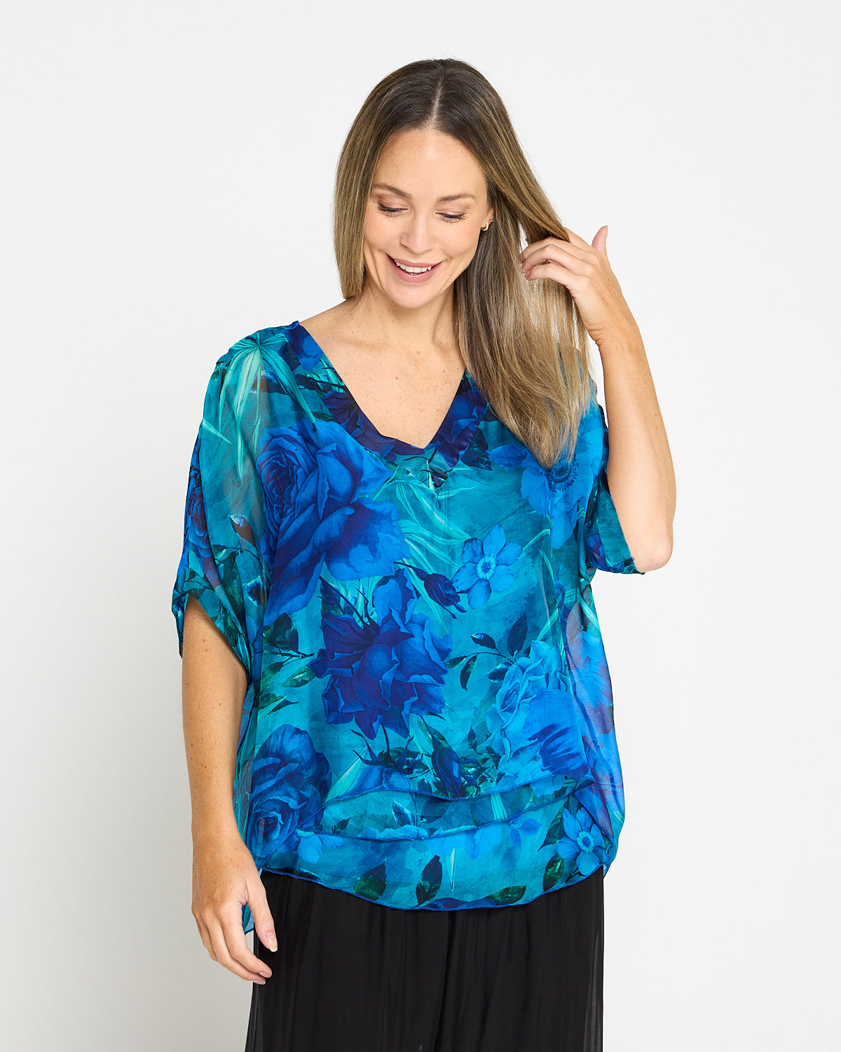 Lisette Silk V Neck Top - Ocean Bloom