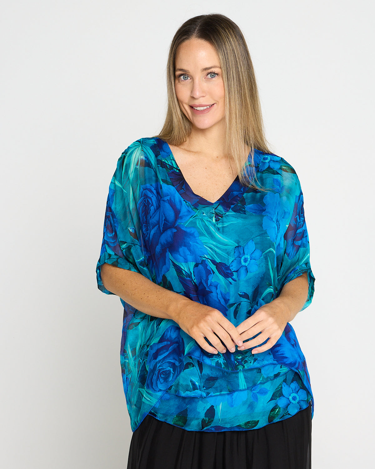 Lisette Silk V Neck Top - Ocean Bloom