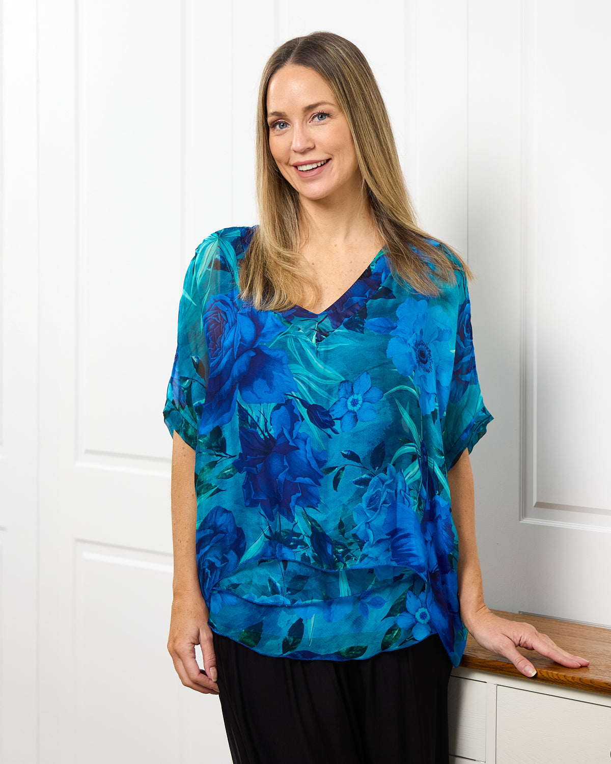 Lisette Silk V Neck Top - Ocean Bloom