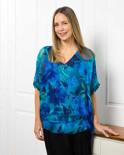 Lisette Silk V Neck Top - Ocean Bloom