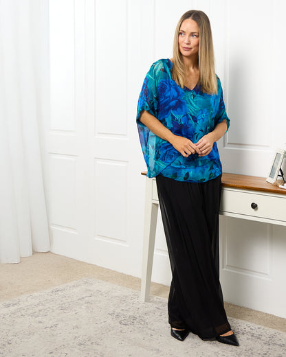 Lisette Silk V Neck Top - Ocean Bloom