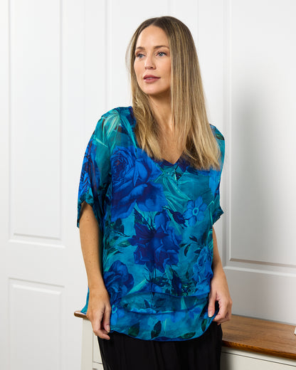 Lisette Silk V Neck Top - Ocean Bloom