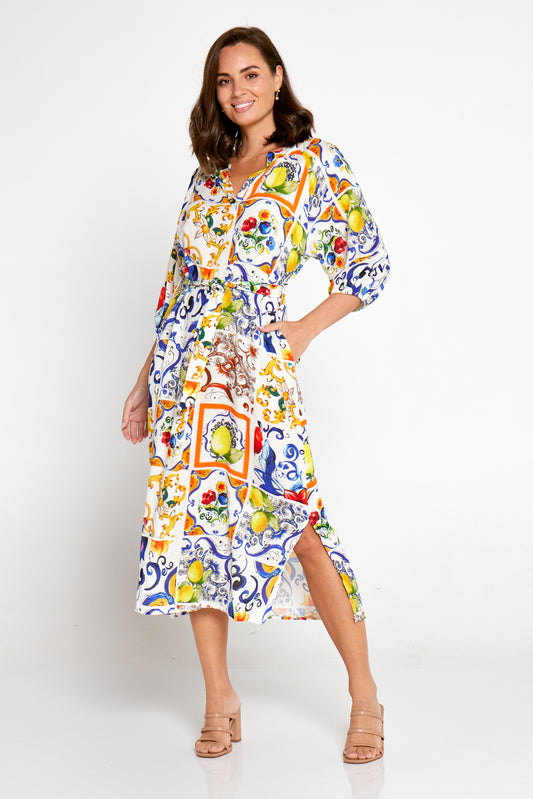 Magdelan Linen Blend Dress - Sicilian Summer
