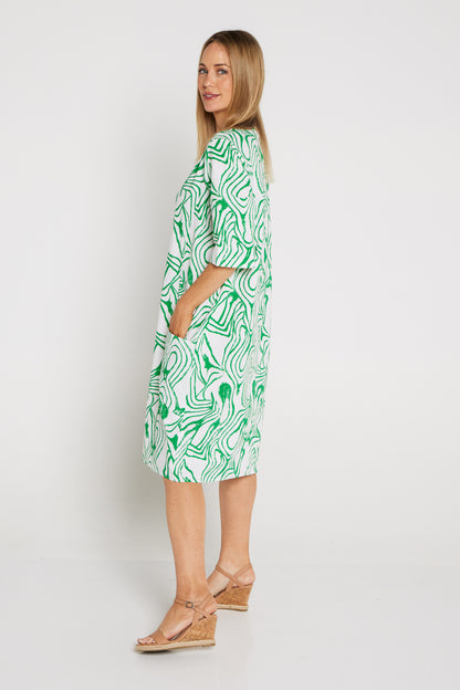 Laurel Cotton Dress - White/Emerald Swirl