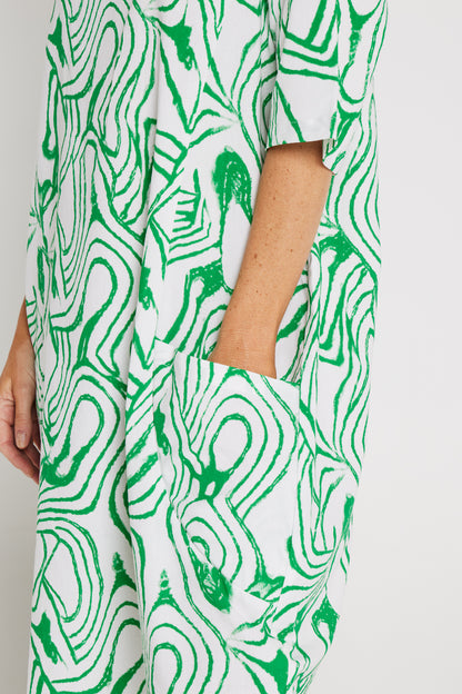 Laurel Cotton Dress - White/Emerald Swirl