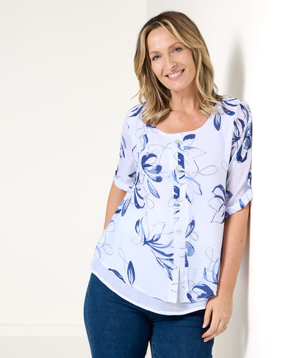 Penistone Layered Top - Denim Floral