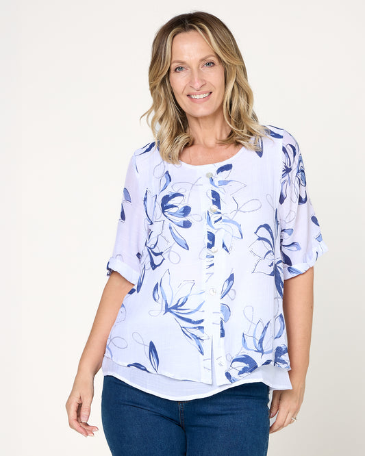 Penistone Layered Top - Denim Floral