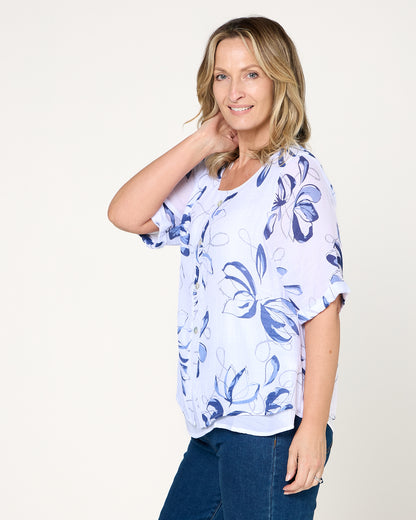Penistone Layered Top - Denim Floral