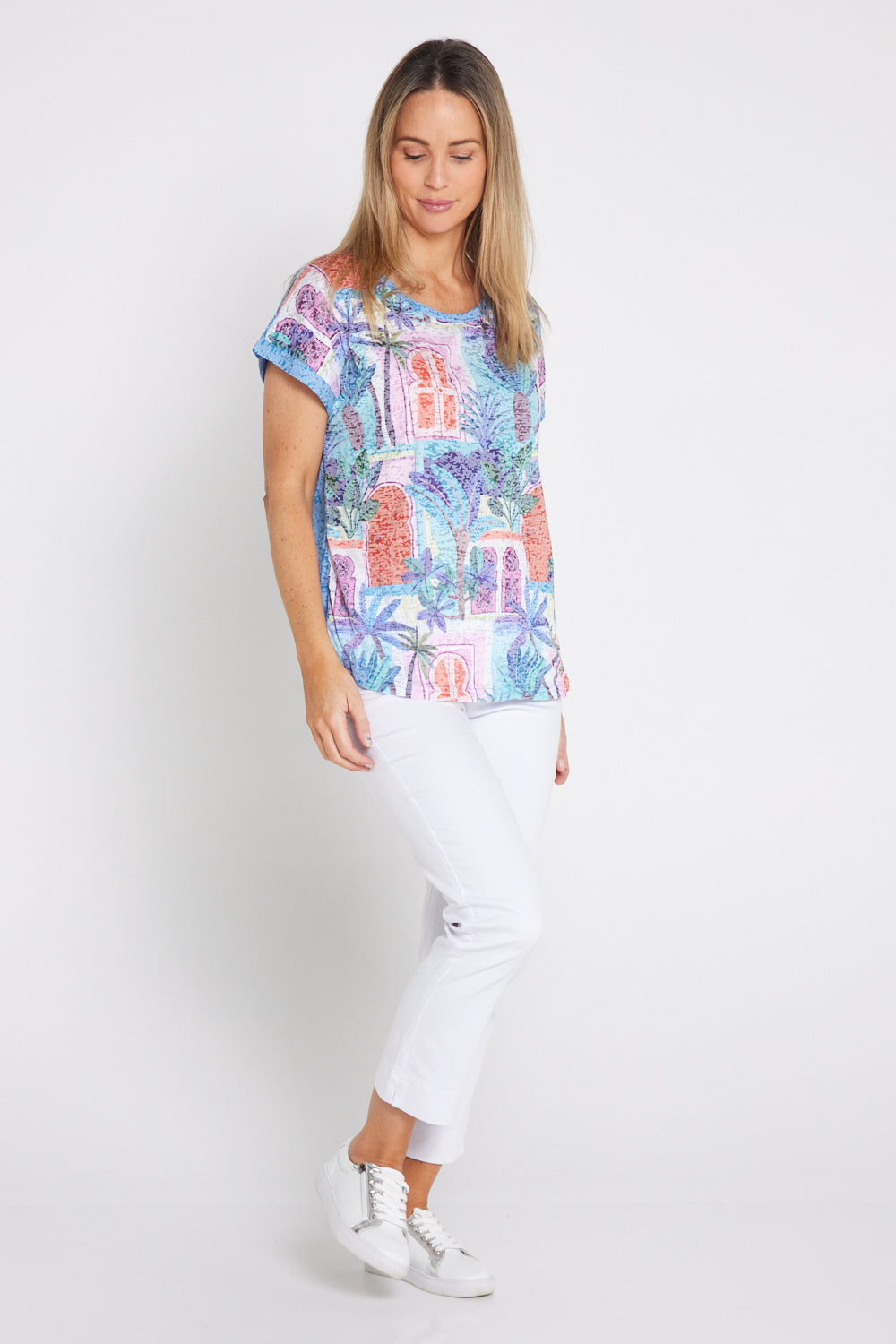 Layla Print Burn-Out Top - Ocean Palms