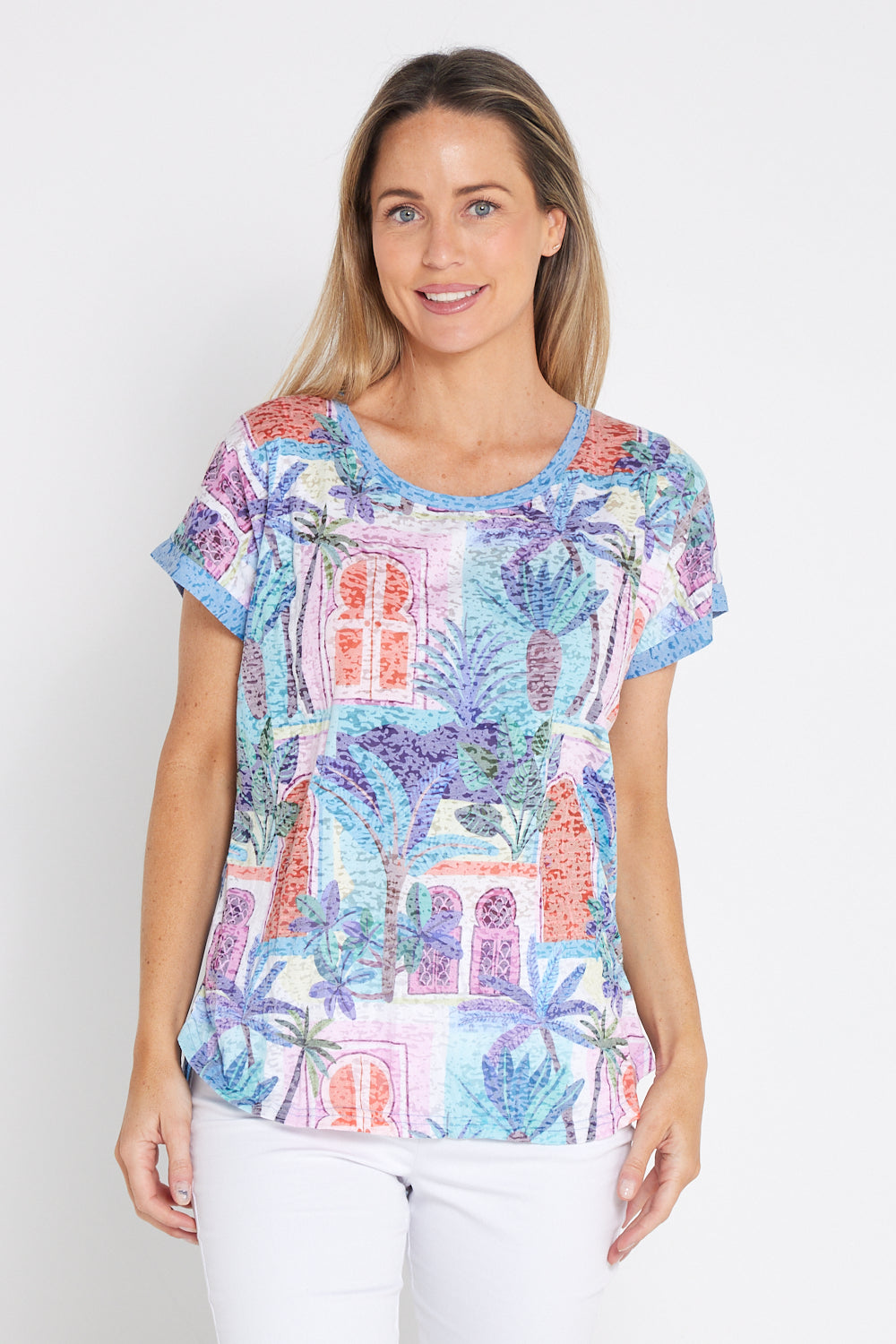 Layla Print Burn-Out Top - Ocean Palms