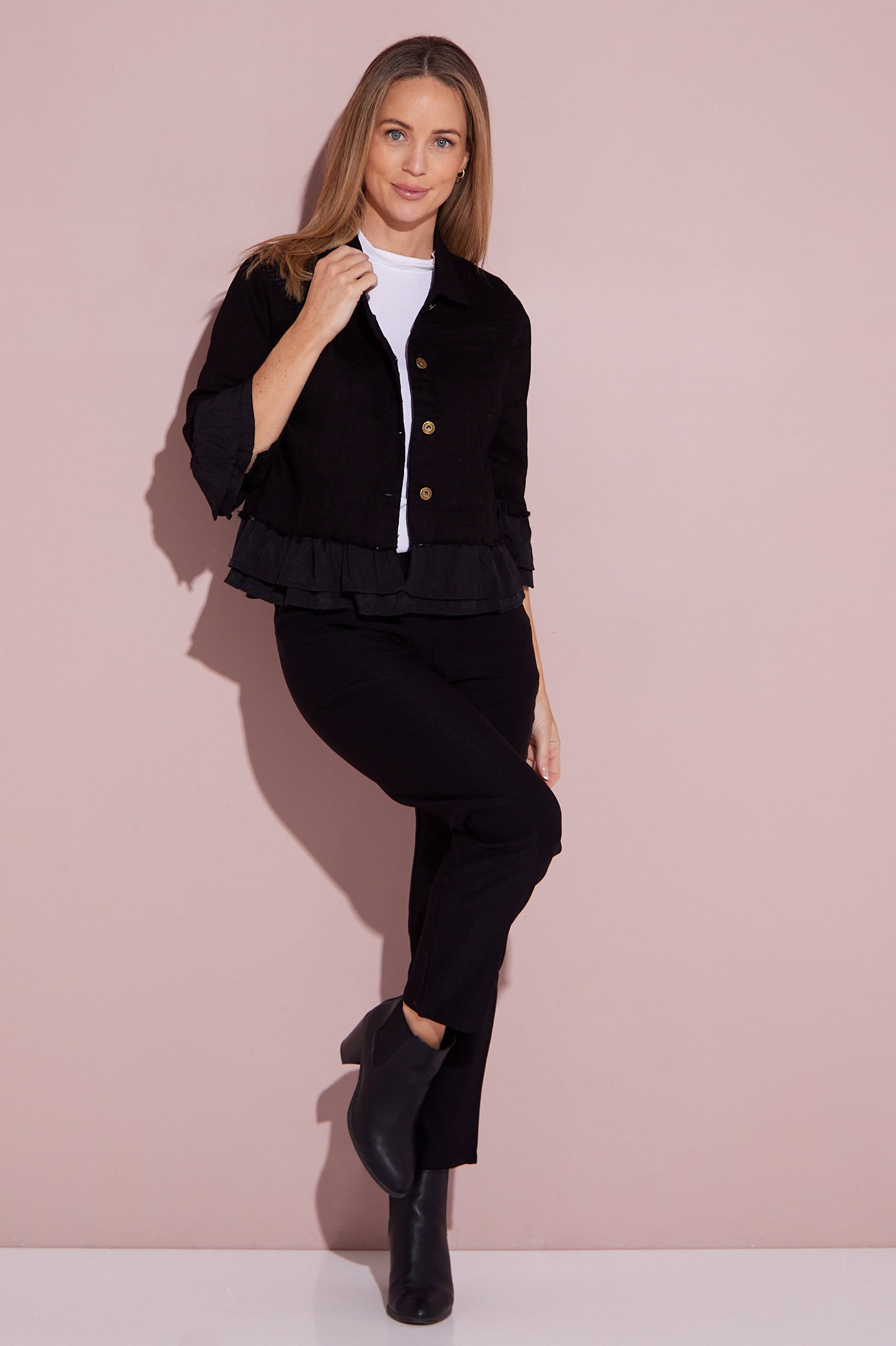 Leelah Cropped Ruffle Denim Jacket Black TULIO Fashion