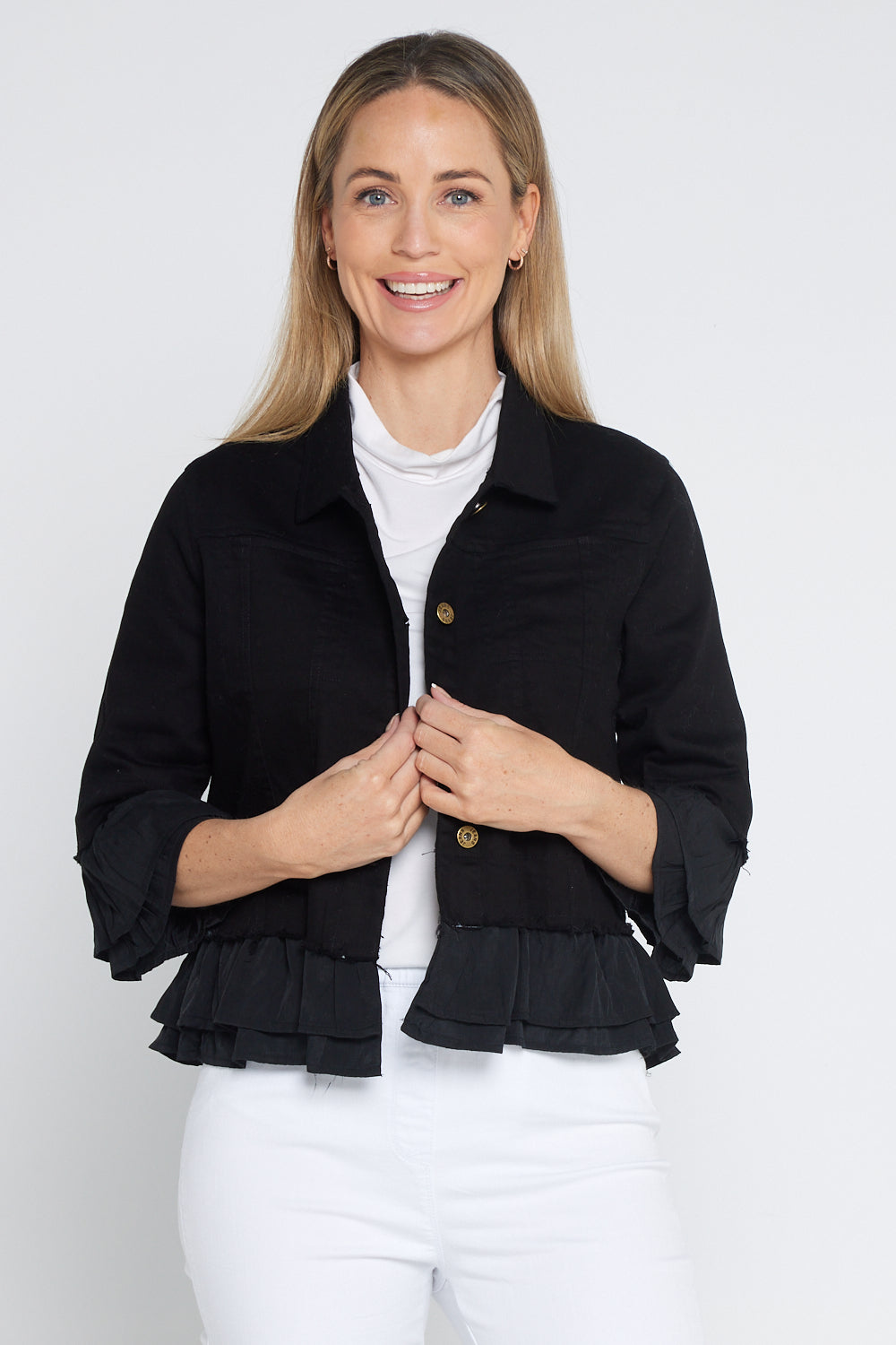 Black ruffle denim jacket deals
