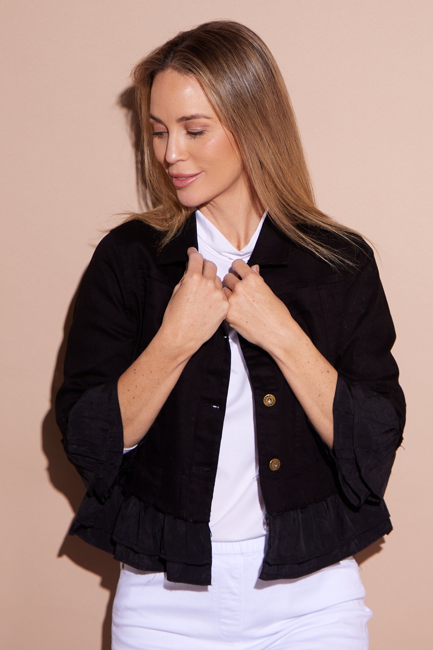 Leelah Cropped Ruffle Denim Jacket Black TULIO Fashion