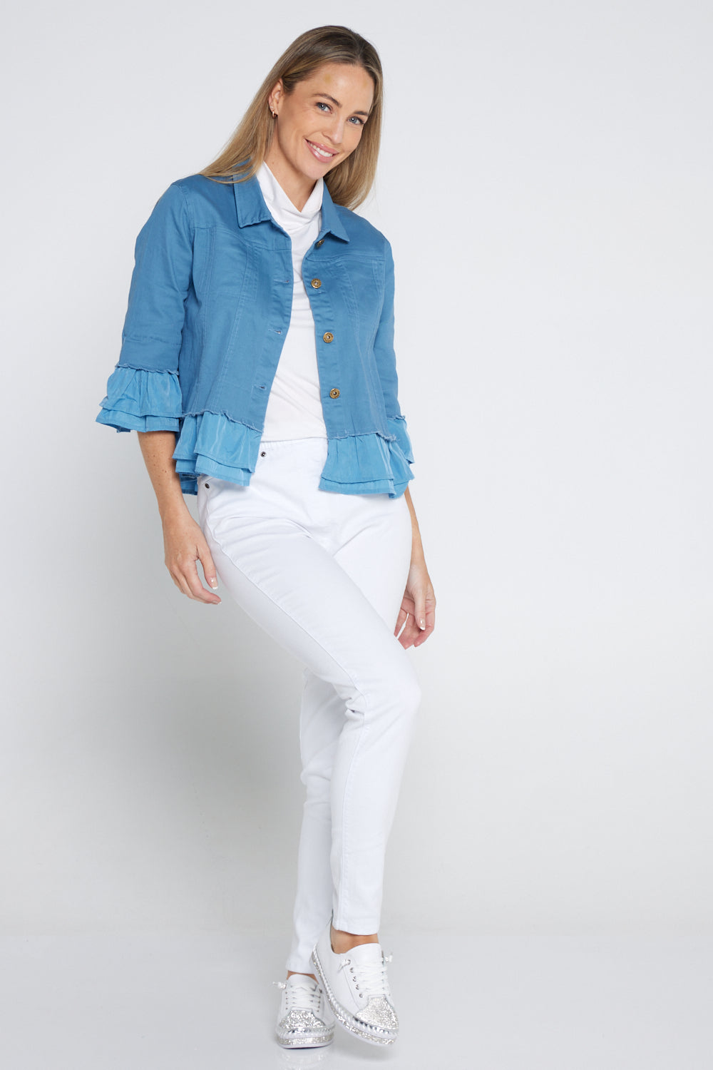 Blue jean jacket with ruffles shop