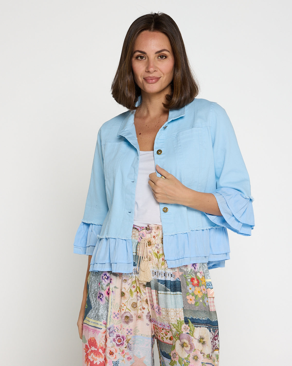 Leelah Cropped Ruffle Denim Jacket - Sky Blue