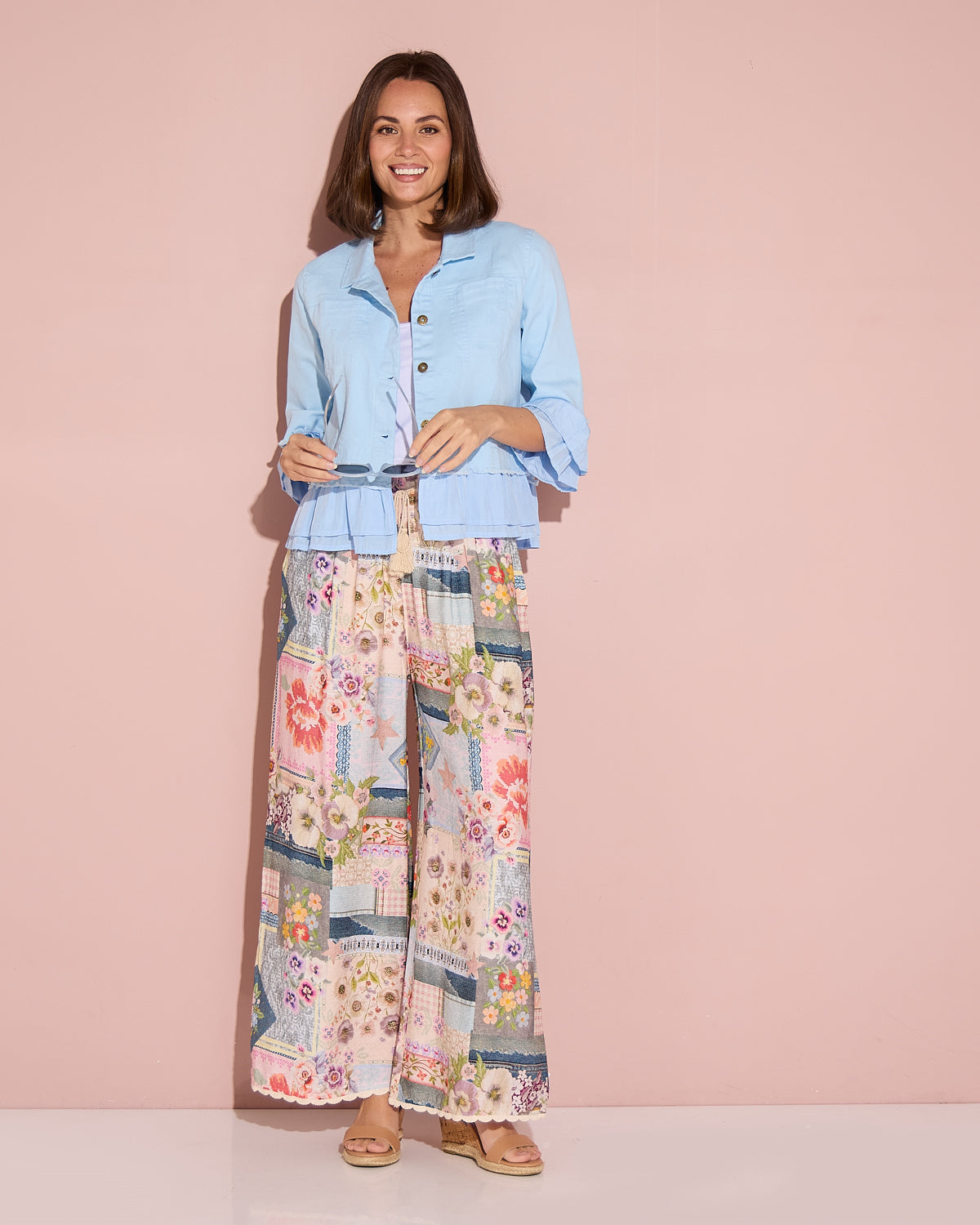 Leelah Cropped Ruffle Denim Jacket - Sky Blue