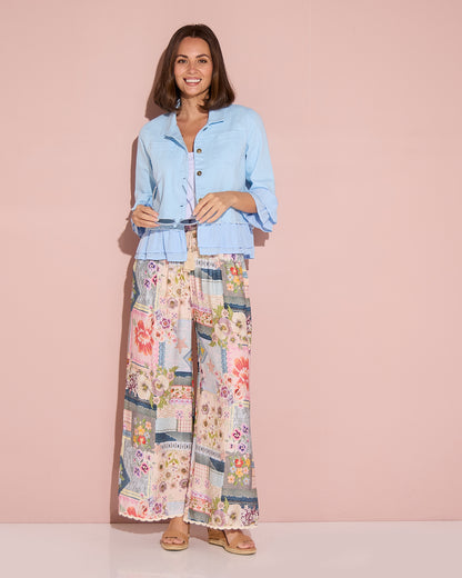 Leelah Cropped Ruffle Denim Jacket - Sky Blue