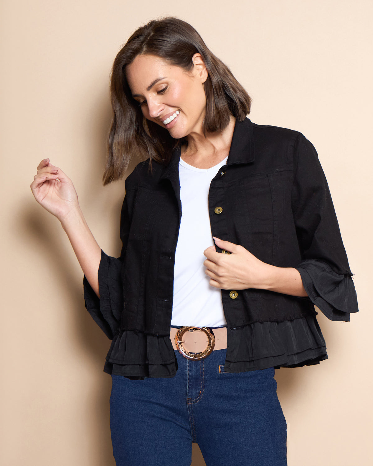 Leelah Cropped Ruffle Denim Jacket - Black