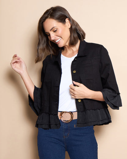Leelah Cropped Ruffle Denim Jacket - Black