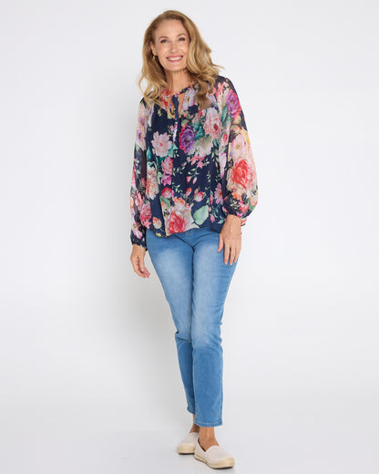 Leola Silk Top - Navy Camellia Gardens