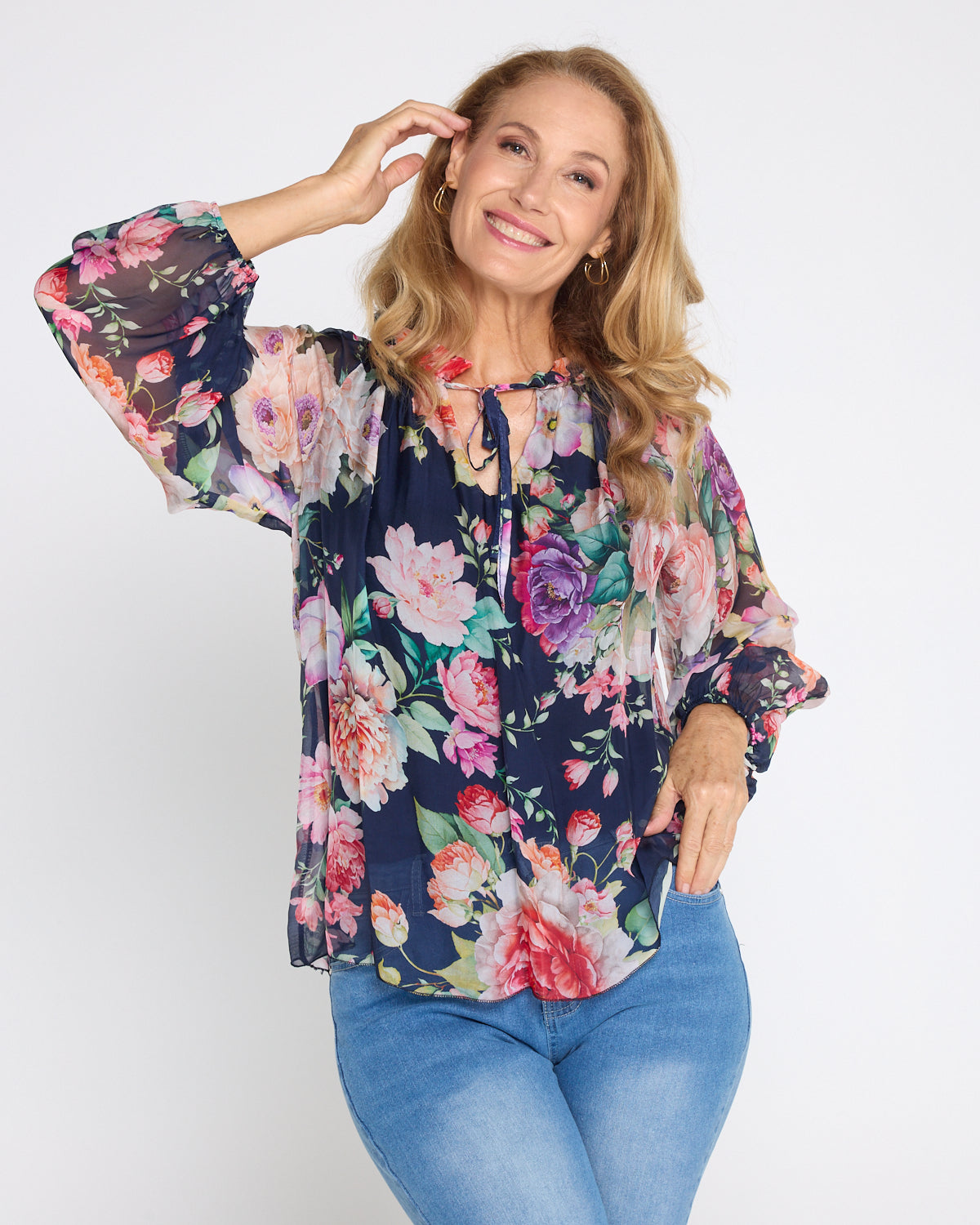 Leola Silk Top - Navy Camellia Gardens