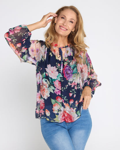 Leola Silk Top - Navy Camellia Gardens